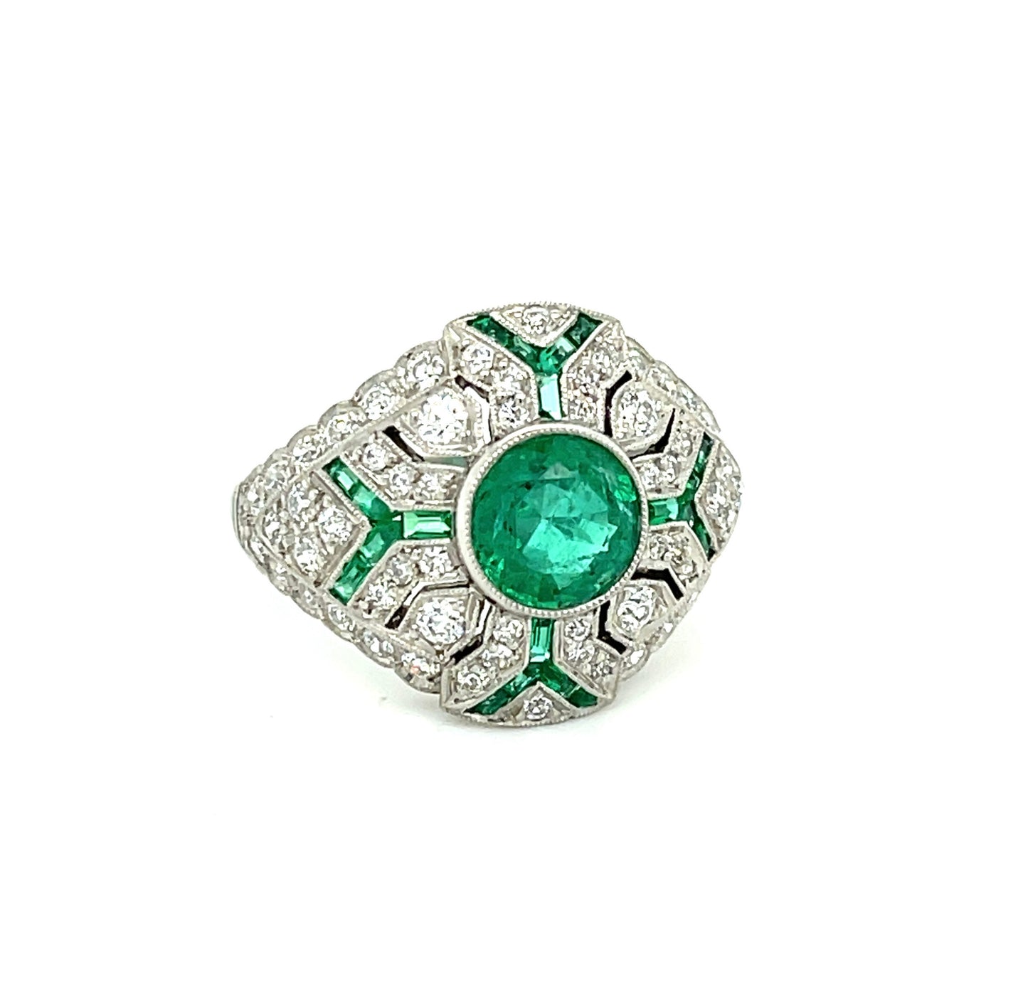 1.14ct Emerald Round .91ct SD .40ct Side Emeralds Platinum Handmade Ring