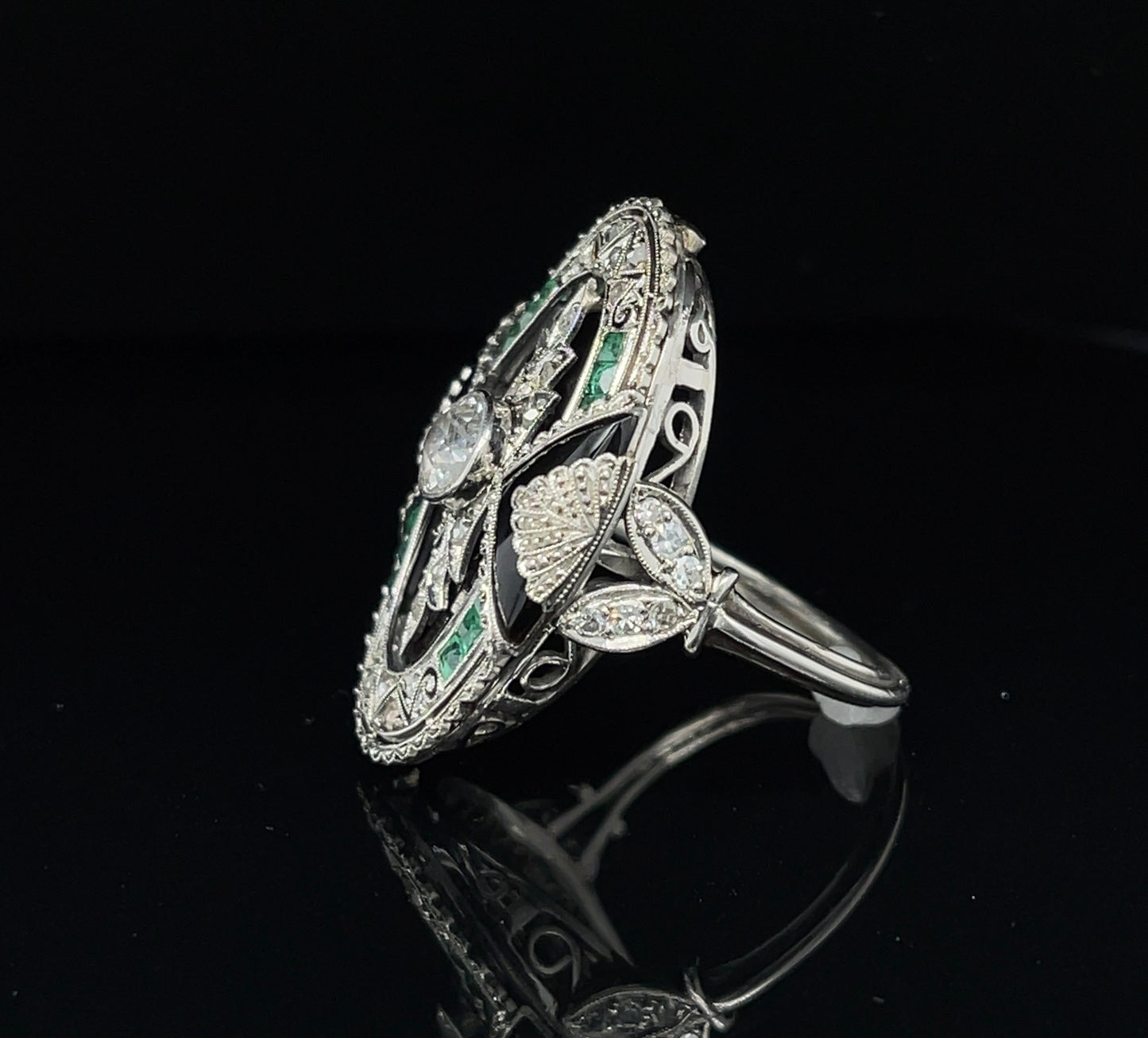 Art Deco (Circa 1920s) .60ct Old European Cut Diamond .75ct Calibre Emerald & Onyx Platinum Antique Ring