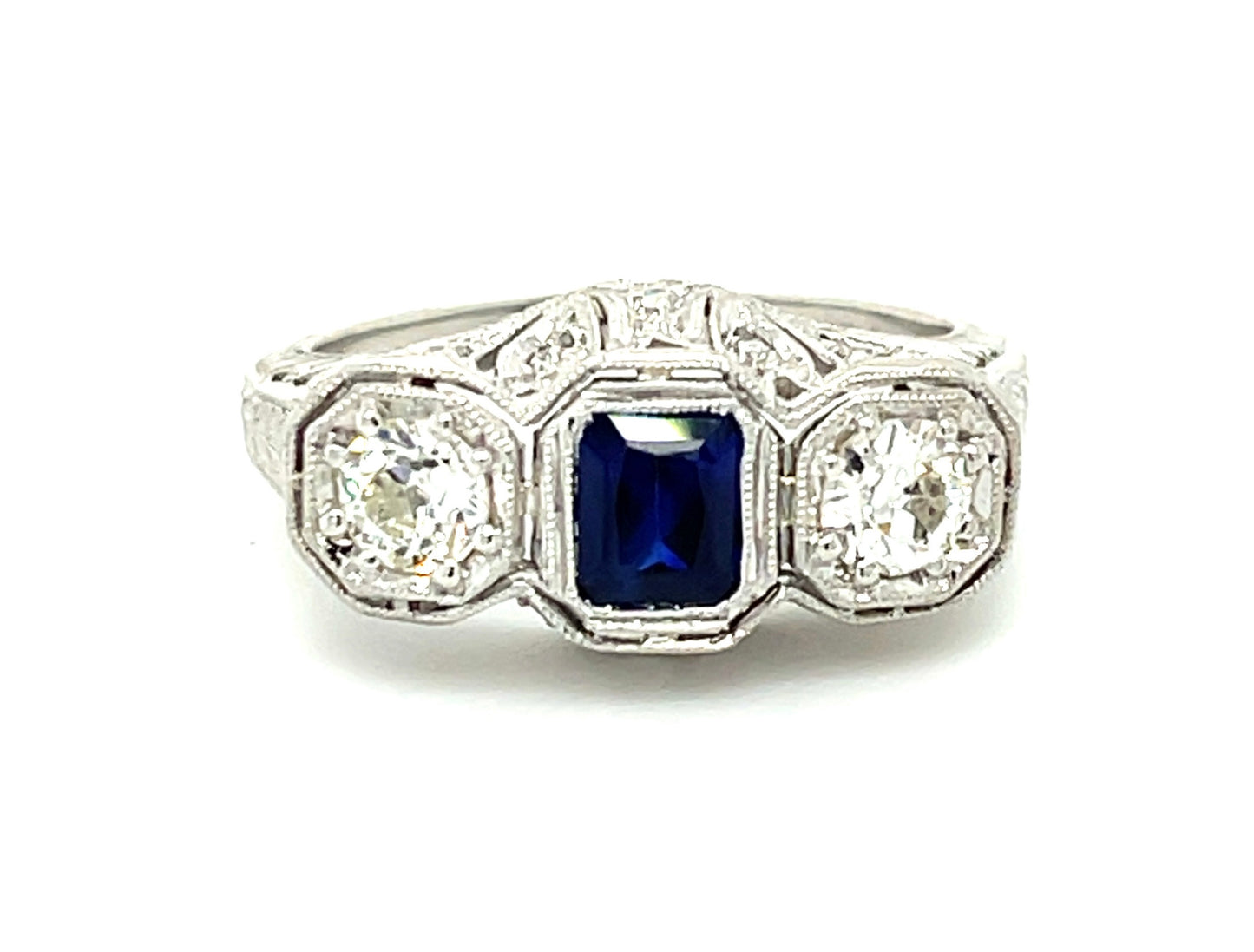 Art Deco (Circa 1920s) .57ct Blue Sapphire .42ct Old European cut Diamonds Platinum Antique Ring