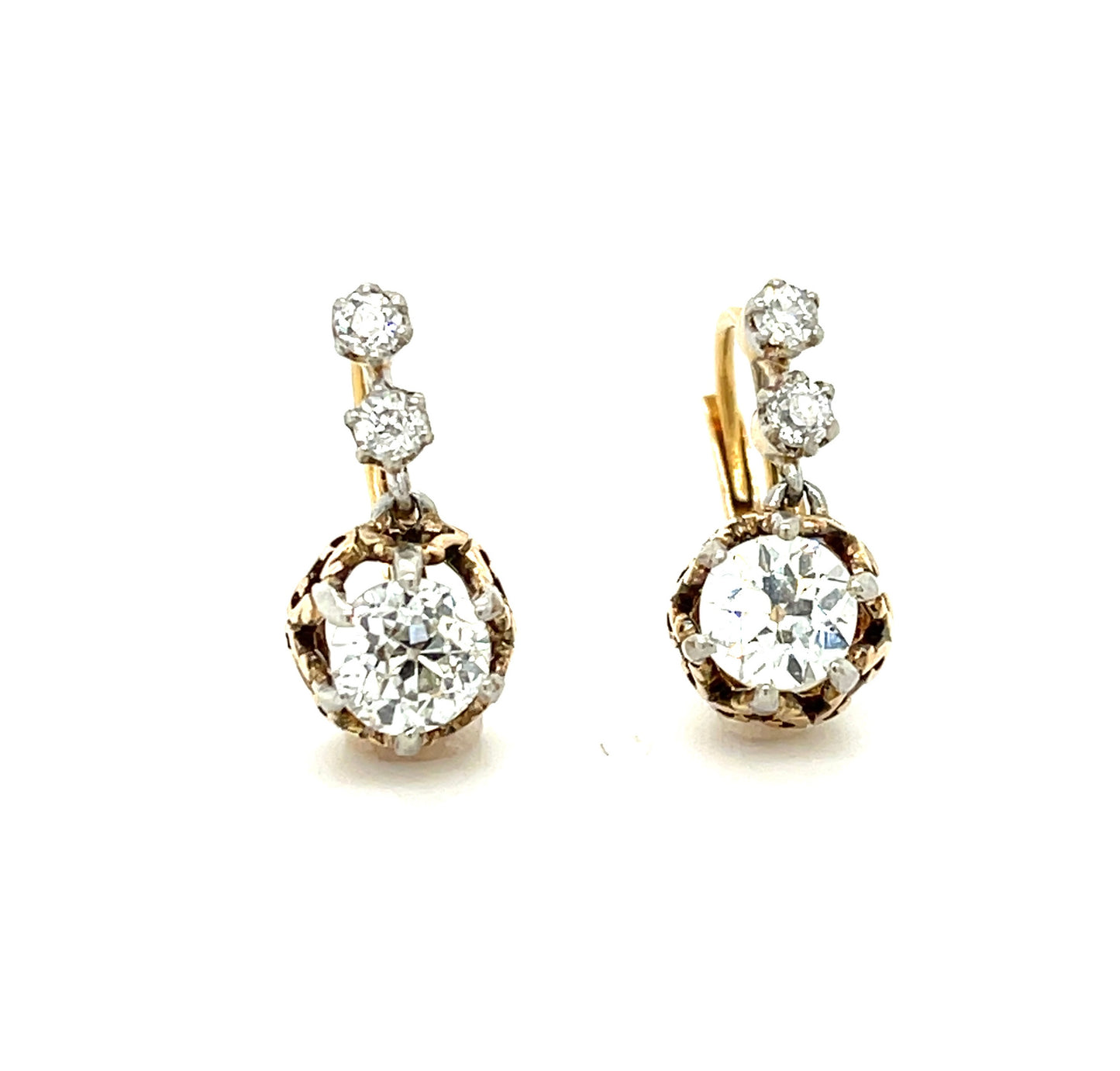Edwardian (Circa 1900s) 1.40ct Old European Cut Diamonds (Two Stones) .32ct SD (Four Stones) Platinum over 18KY Earrings