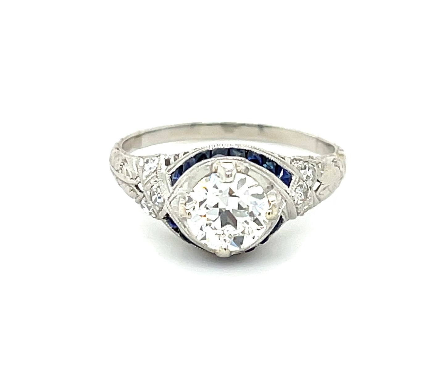 Art Deco (Circa 1920s) .86ct GIA H VS2 Old European Cut Diamond .48ct Calibre set French cut Sapphires Platinum Antique Ring