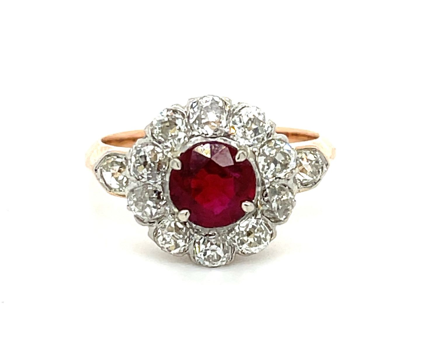 Edwardian (Circa 1900s) 1.12ct Ruby 1.50ct Old European Cut Diamonds Platinum over 18KY Antique Ring