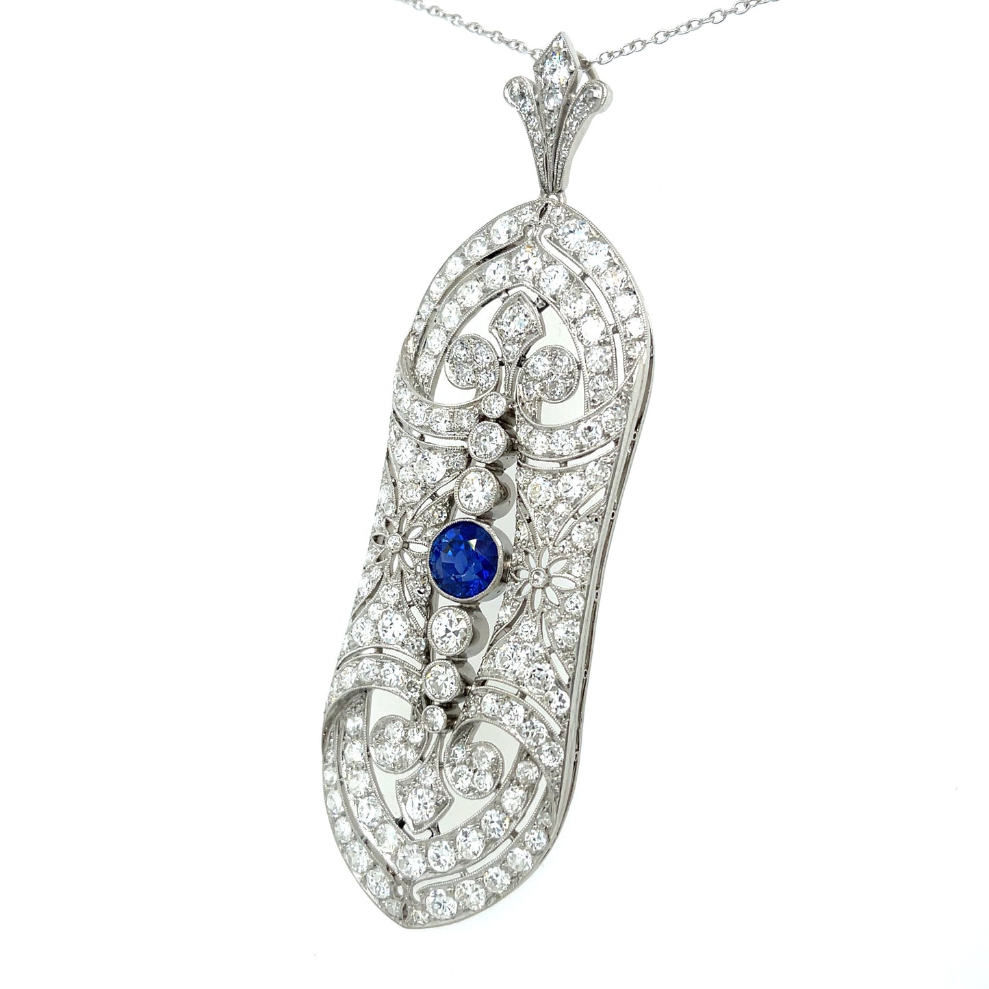 French Art Deco (Circa 1920s) 1.69ct Sapphire 7ct Old European Cut Diamonds Platinum Antique Pendant