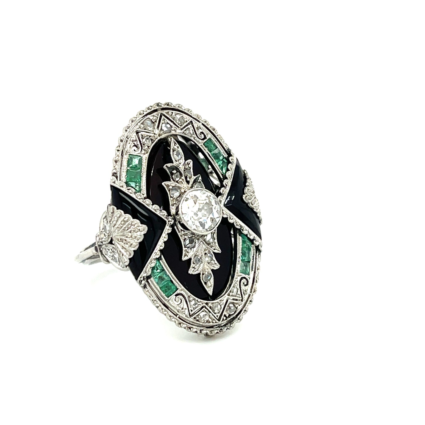 Art Deco (Circa 1920s) .60ct Old European Cut Diamond .75ct Calibre Emerald & Onyx Platinum Antique Ring