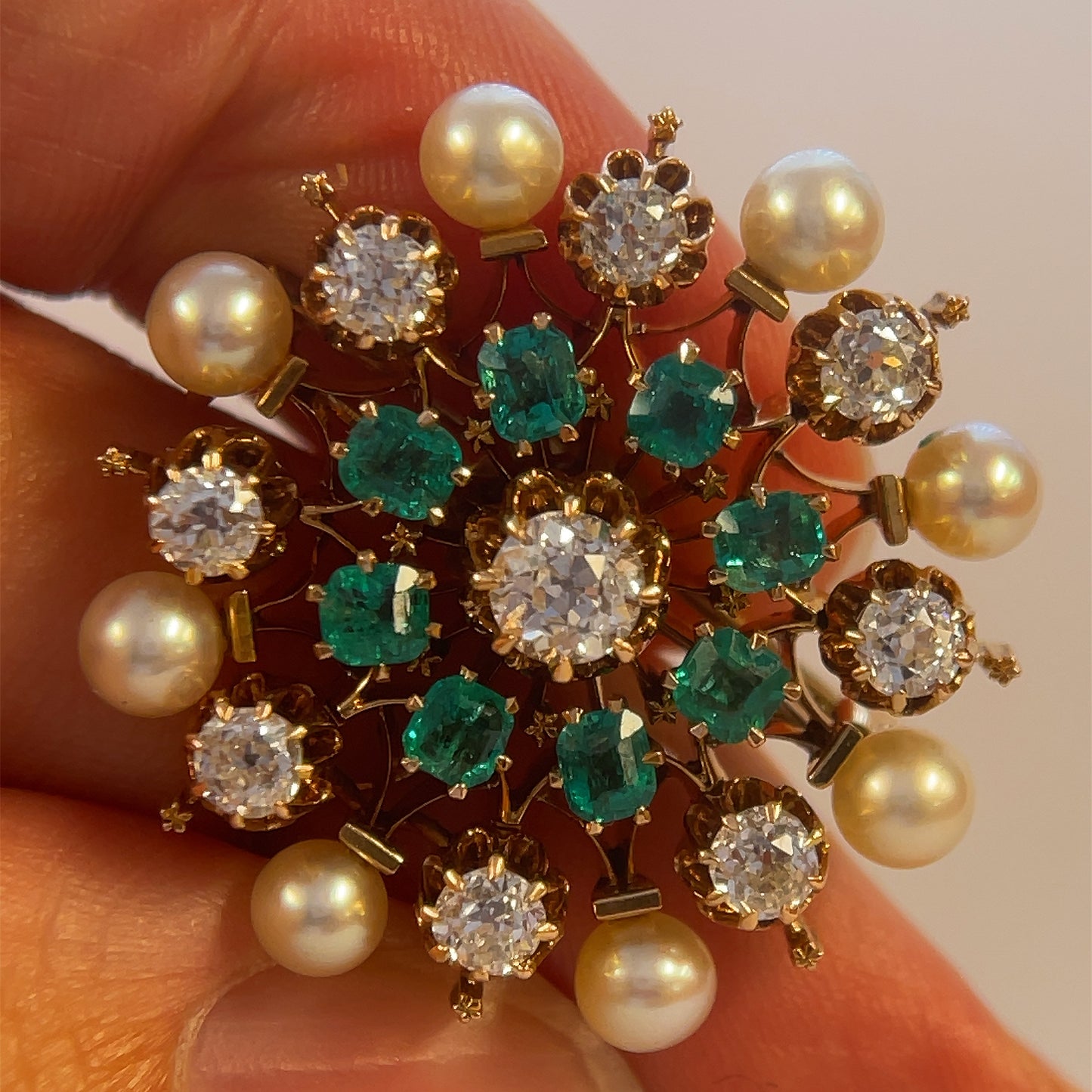 Victorian (Circa 1880s) 1.50ct Old European Cut Diamonds 1ct Emeralds & Natural Pearl 14KY Antique Pendant/Necklace