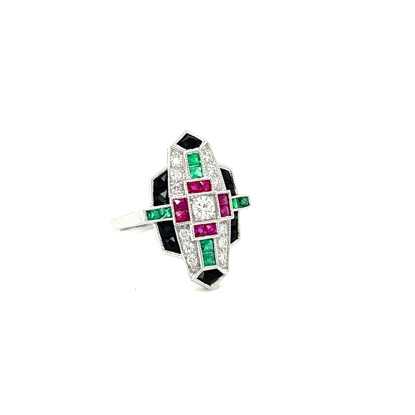 .26ct Diamond .66ct Ruby .50ct Emerald & Onyx 18KW Ring