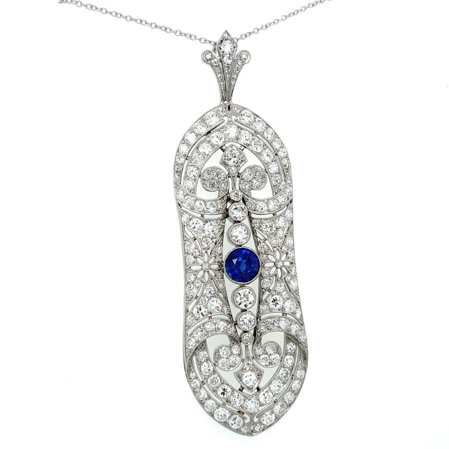 French Art Deco (Circa 1920s) 1.69ct Sapphire 7ct Old European Cut Diamonds Platinum Antique Pendant