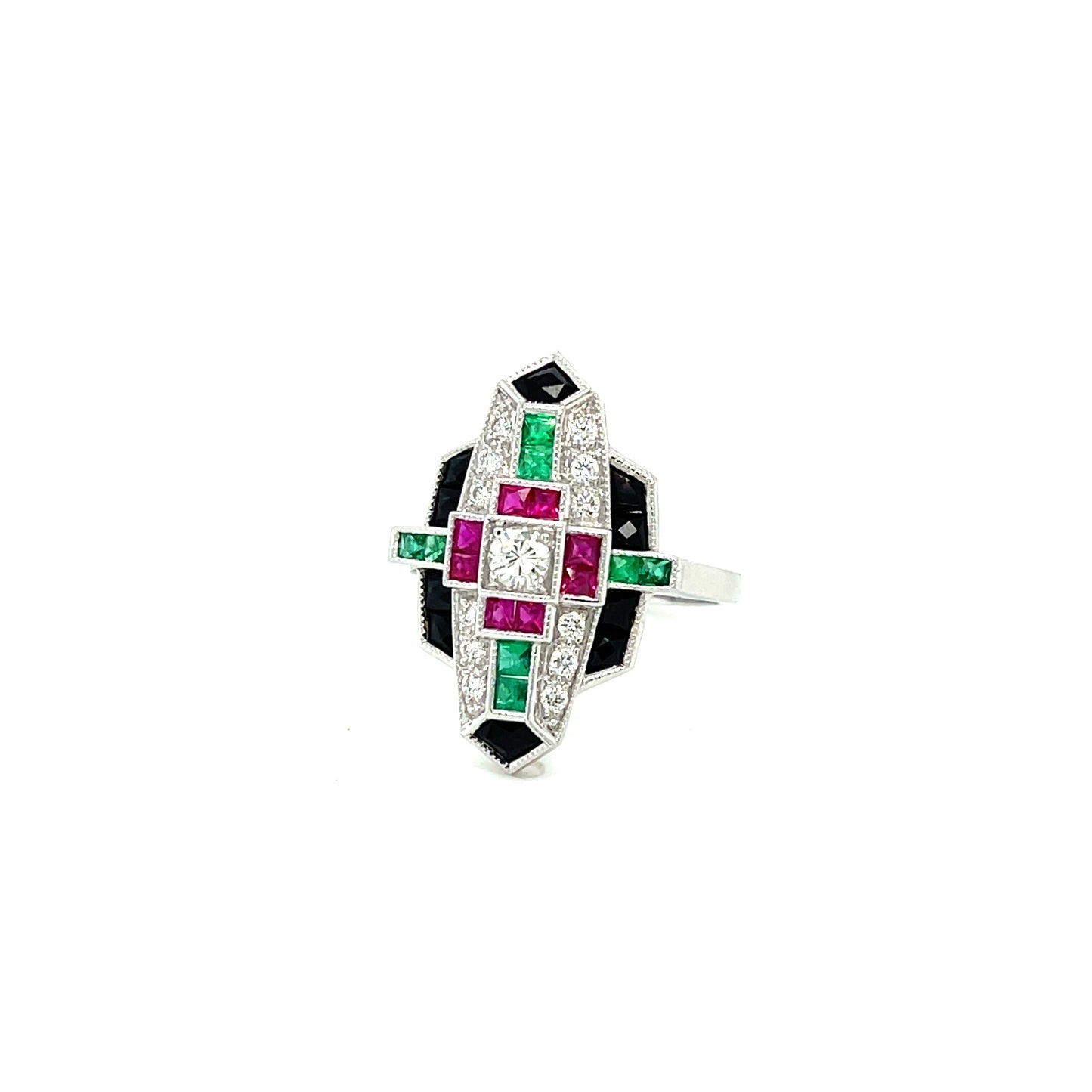 .26ct Diamond .66ct Ruby .50ct Emerald & Onyx 18KW Ring