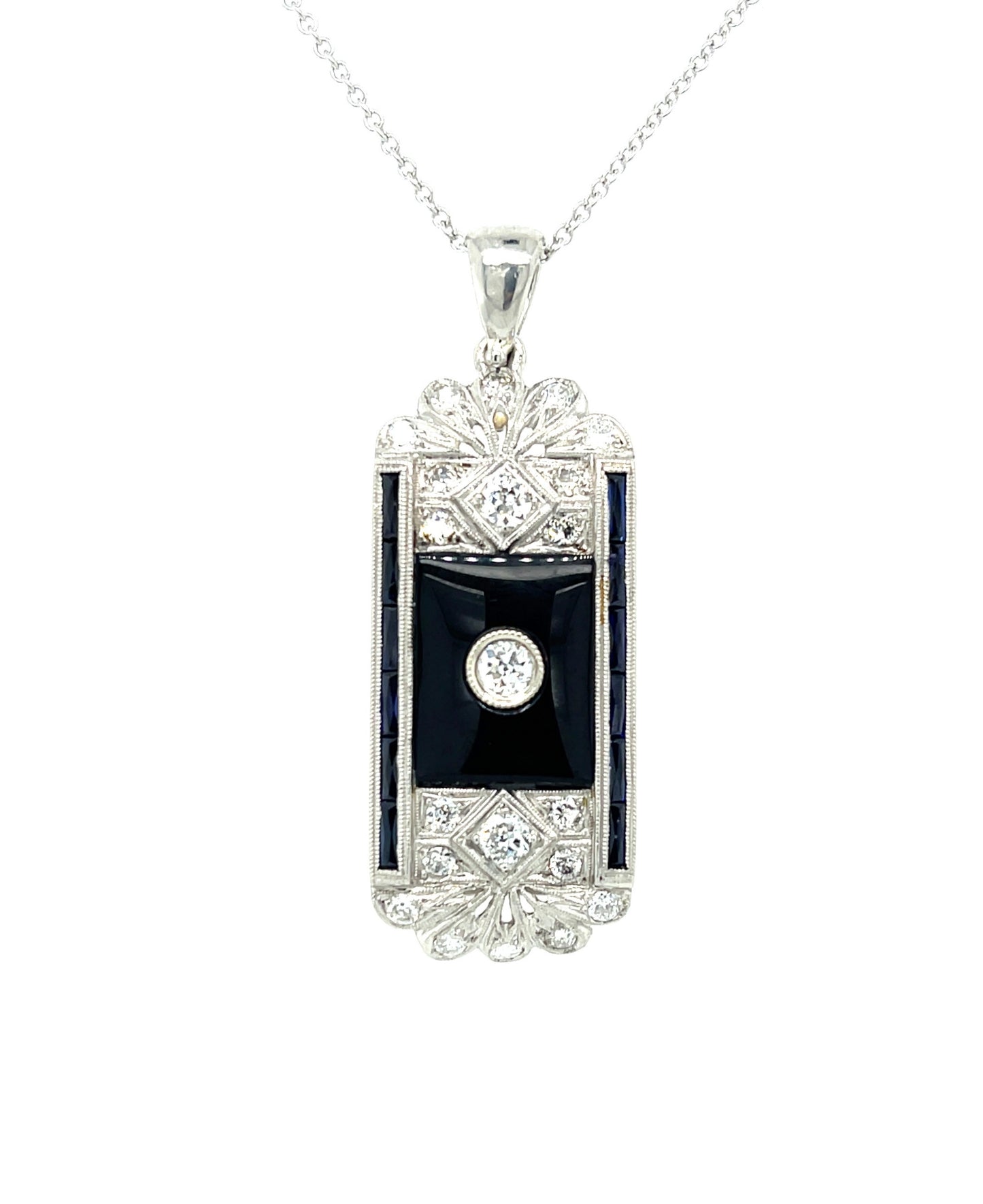 Art Deco (Circa 1920s) .14ct Old Euro Diamond, Onyx and .64ct SD Platinum Antique Pendant