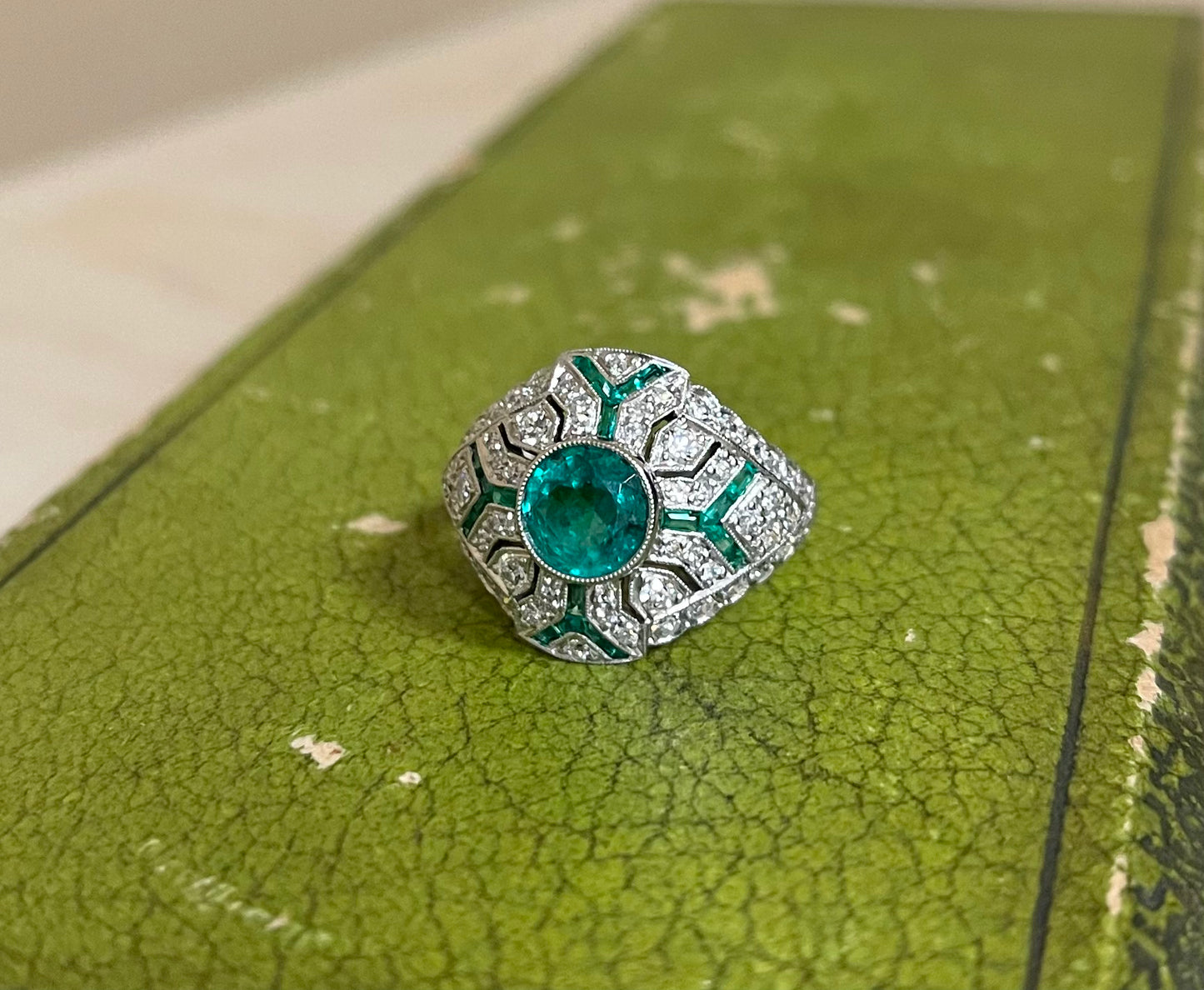 1.14ct Emerald Round .91ct SD .40ct Side Emeralds Platinum Handmade Ring