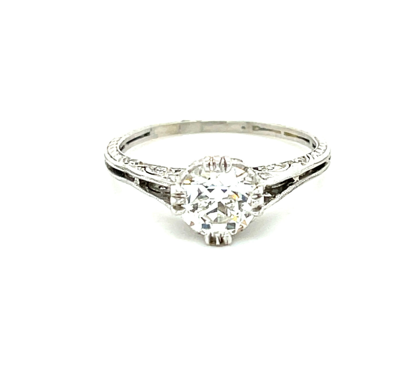 Art Deco (Circa 1920s) 1.10ct GIA I VVS2 Old European Cut Diamond .20ct SD Platinum Antique Ring