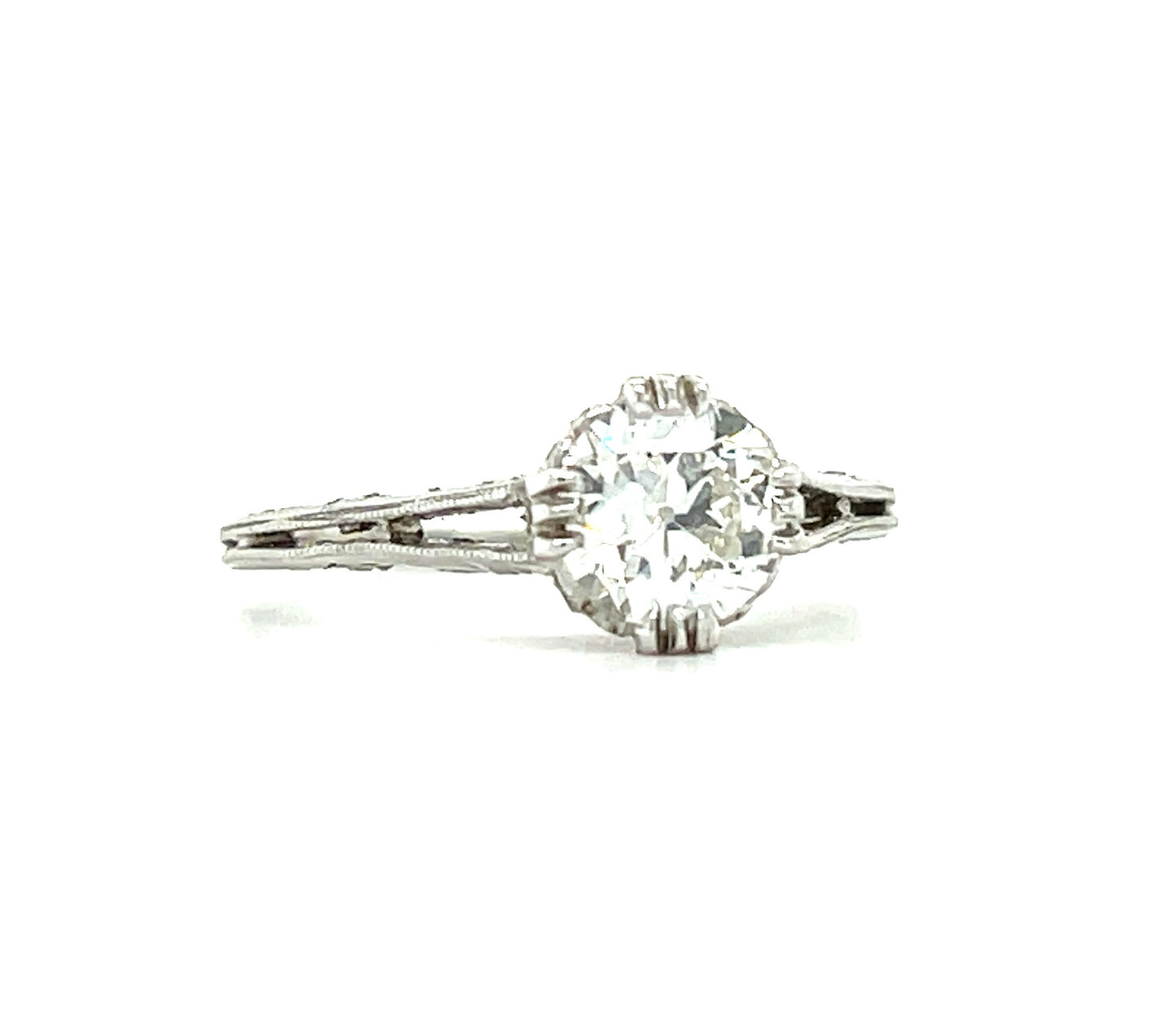 Art Deco (Circa 1920s) 1.10ct GIA I VVS2 Old European Cut Diamond .20ct SD Platinum Antique Ring