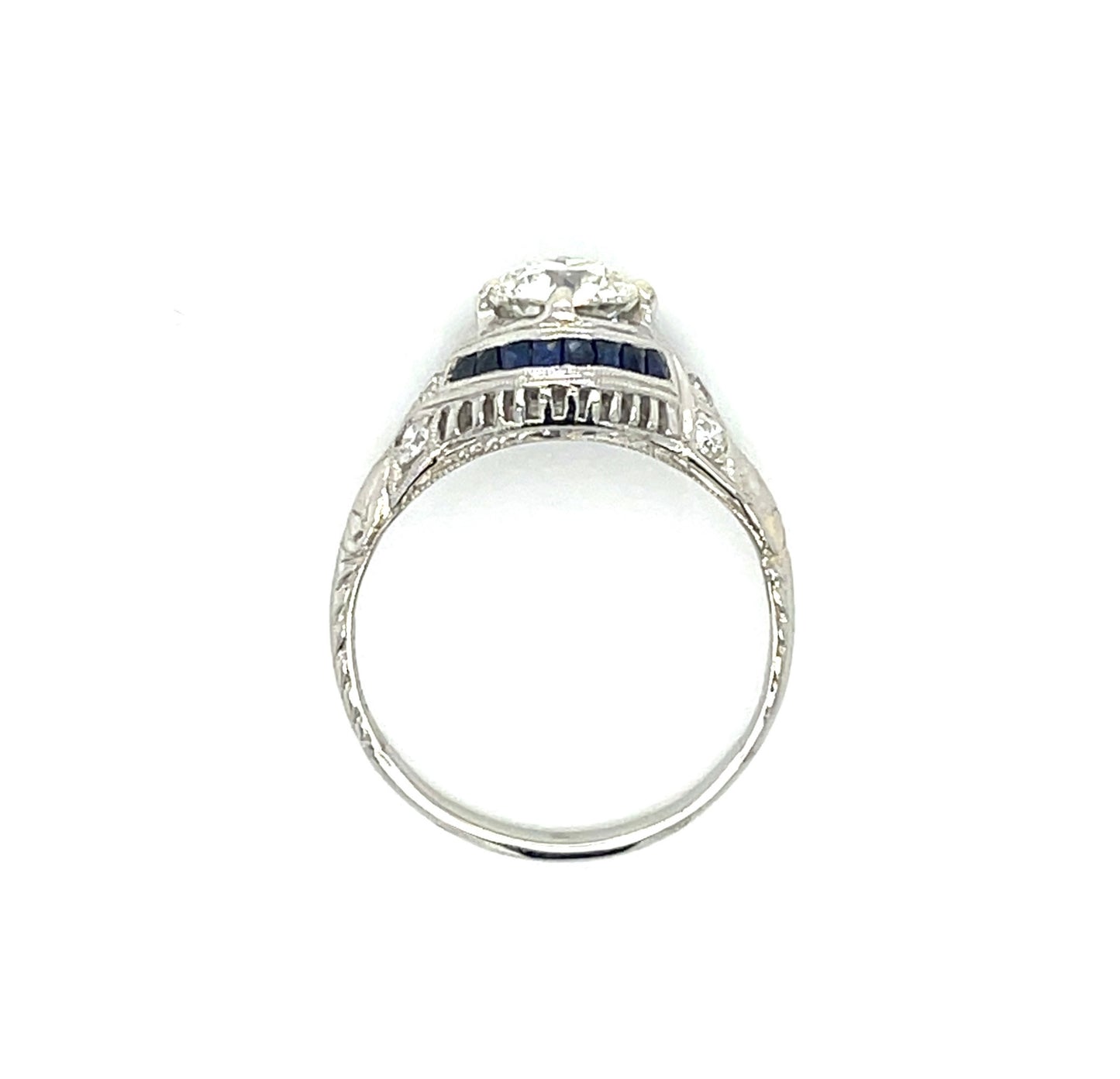 Art Deco (Circa 1920s) .86ct GIA H VS2 Old European Cut Diamond .48ct Calibre set French cut Sapphires Platinum Antique Ring