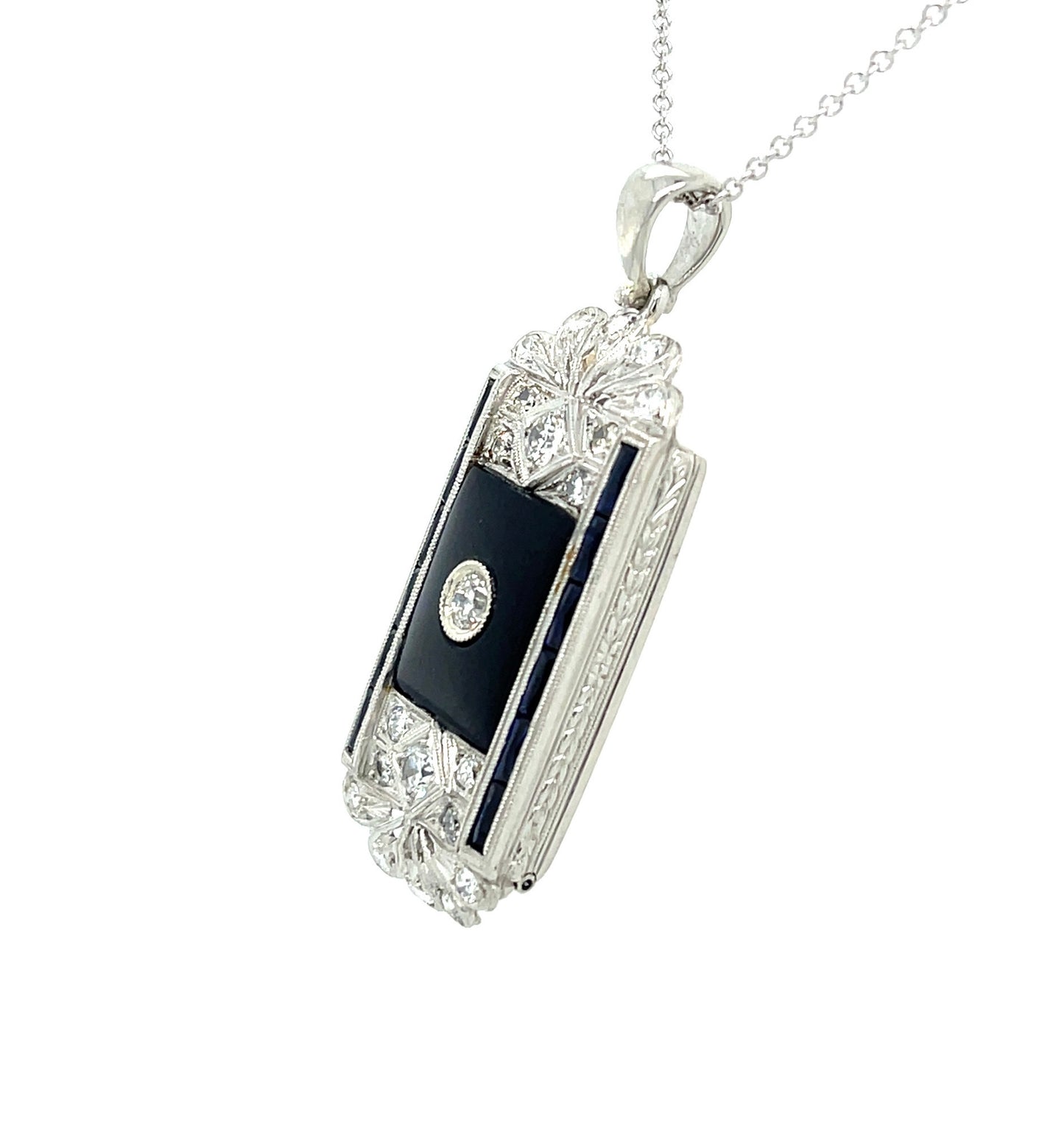 Art Deco (Circa 1920s) .14ct Old Euro Diamond, Onyx and .64ct SD Platinum Antique Pendant