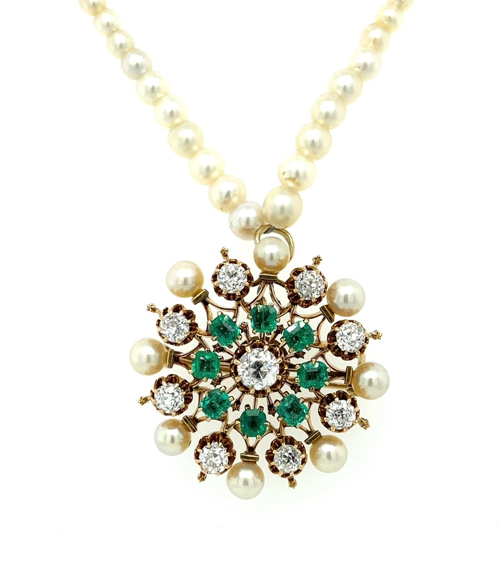 Victorian (Circa 1880s) 1.50ct Old European Cut Diamonds 1ct Emeralds & Natural Pearl 14KY Antique Pendant/Necklace