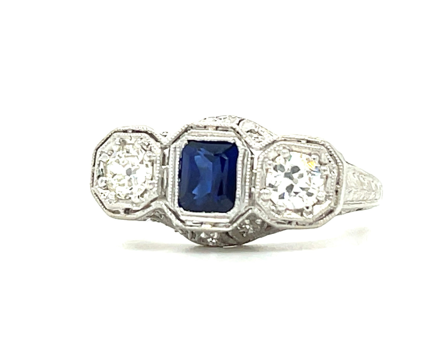 Art Deco (Circa 1920s) .57ct Blue Sapphire .42ct Old European cut Diamonds Platinum Antique Ring