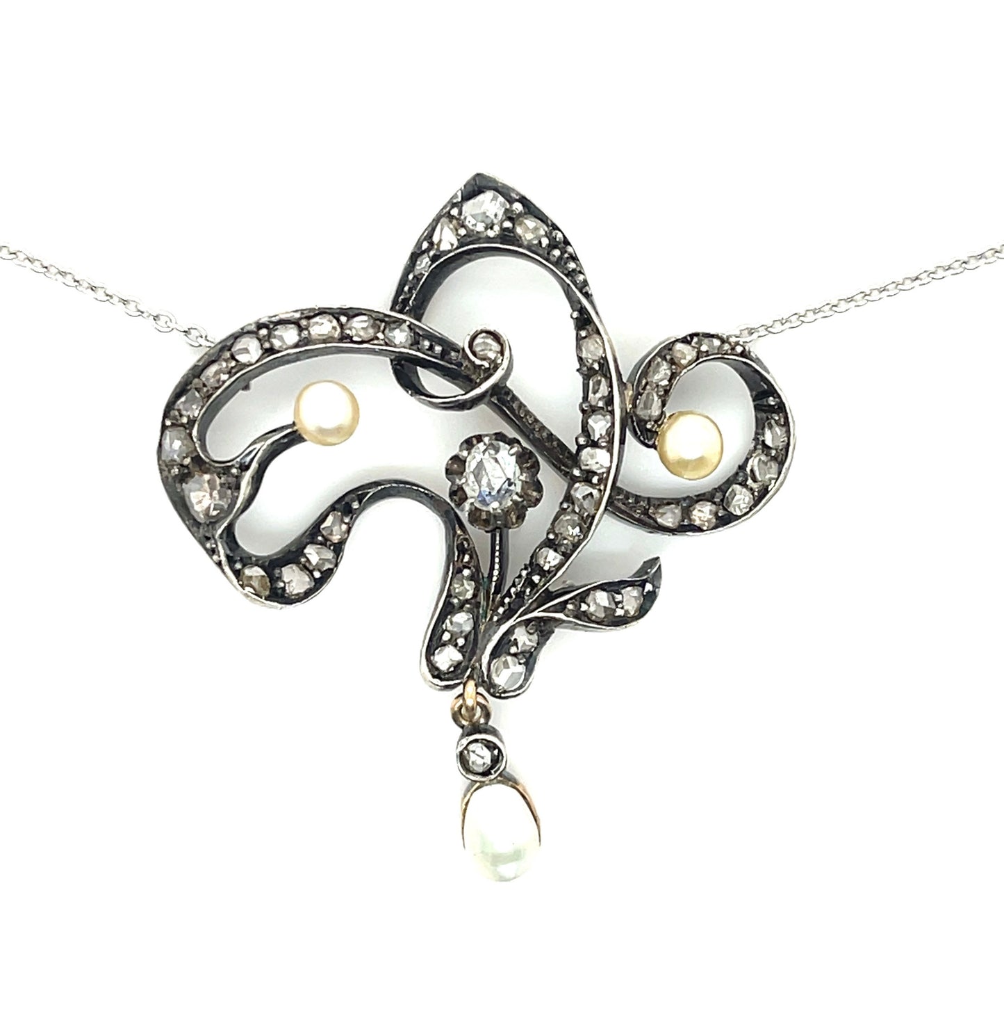 Victorian Era (Circa 1860s) .25ct Old Mine Cut Diamond 1.10ct Rose Cuts Silver+14K Antique Pendant