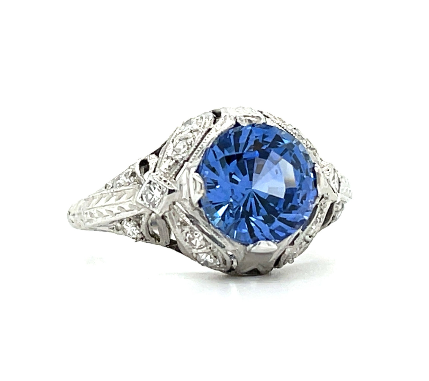 Art Deco (Circa 1920s) 2.91ct Sapphire .42ct Diamonds Platinum Handmade Antique Ring