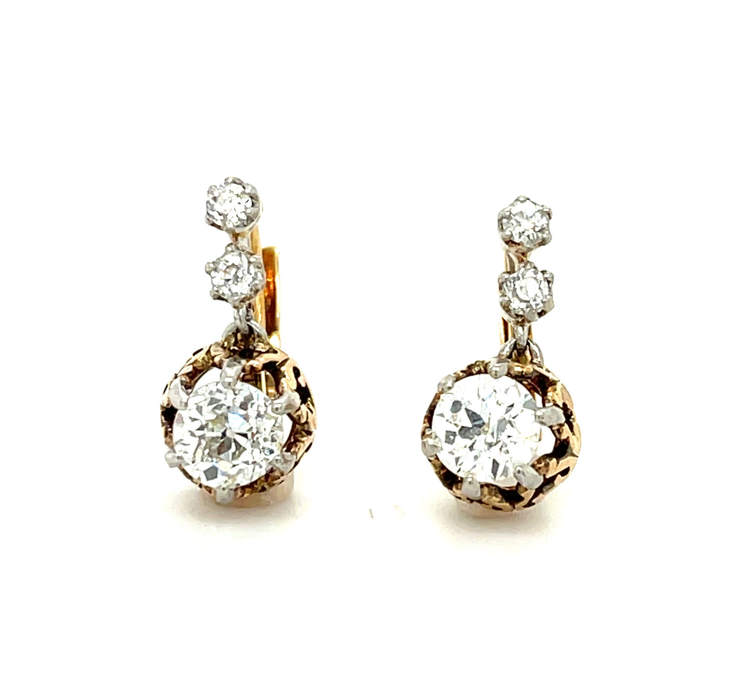 Edwardian (Circa 1900s) 1.40ct Old European Cut Diamonds (Two Stones) .32ct SD (Four Stones) Platinum over 18KY Earrings