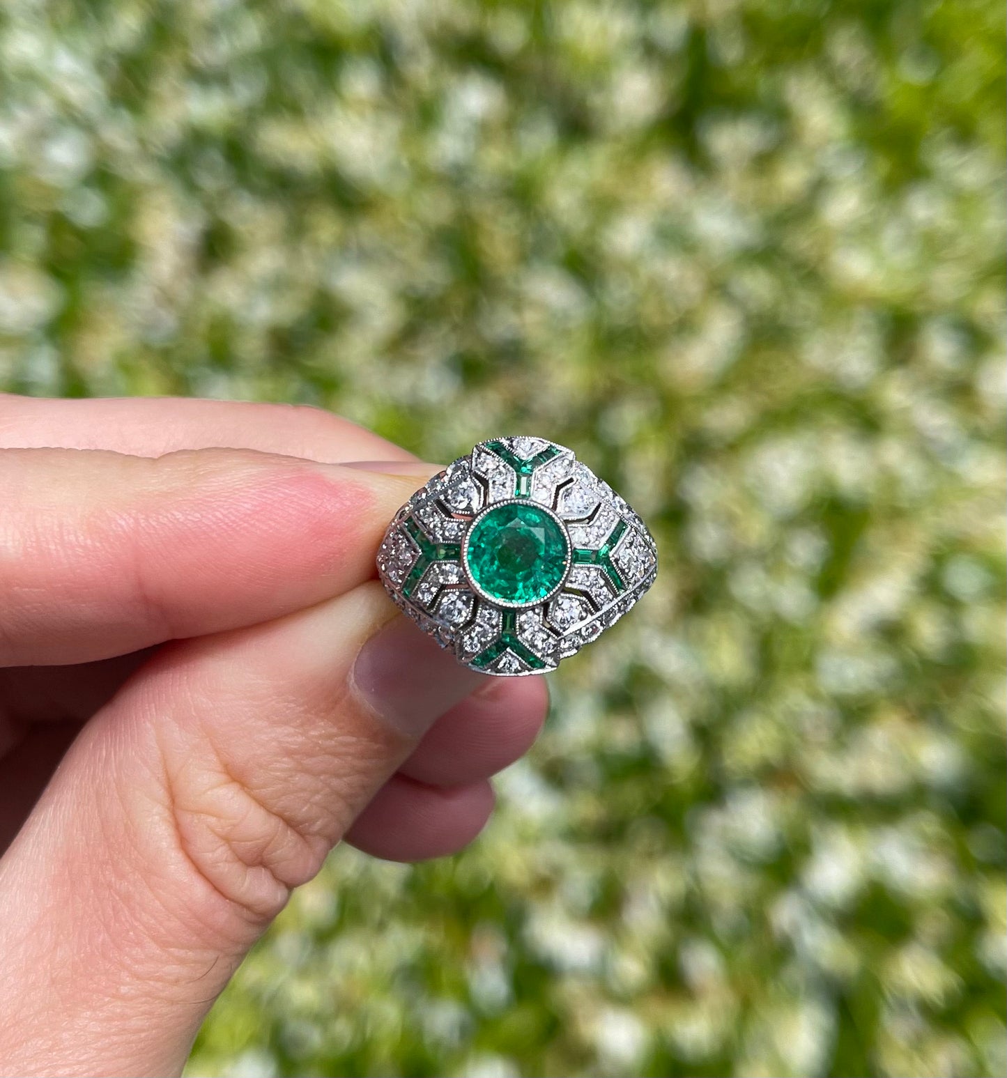 1.14ct Emerald Round .91ct SD .40ct Side Emeralds Platinum Handmade Ring