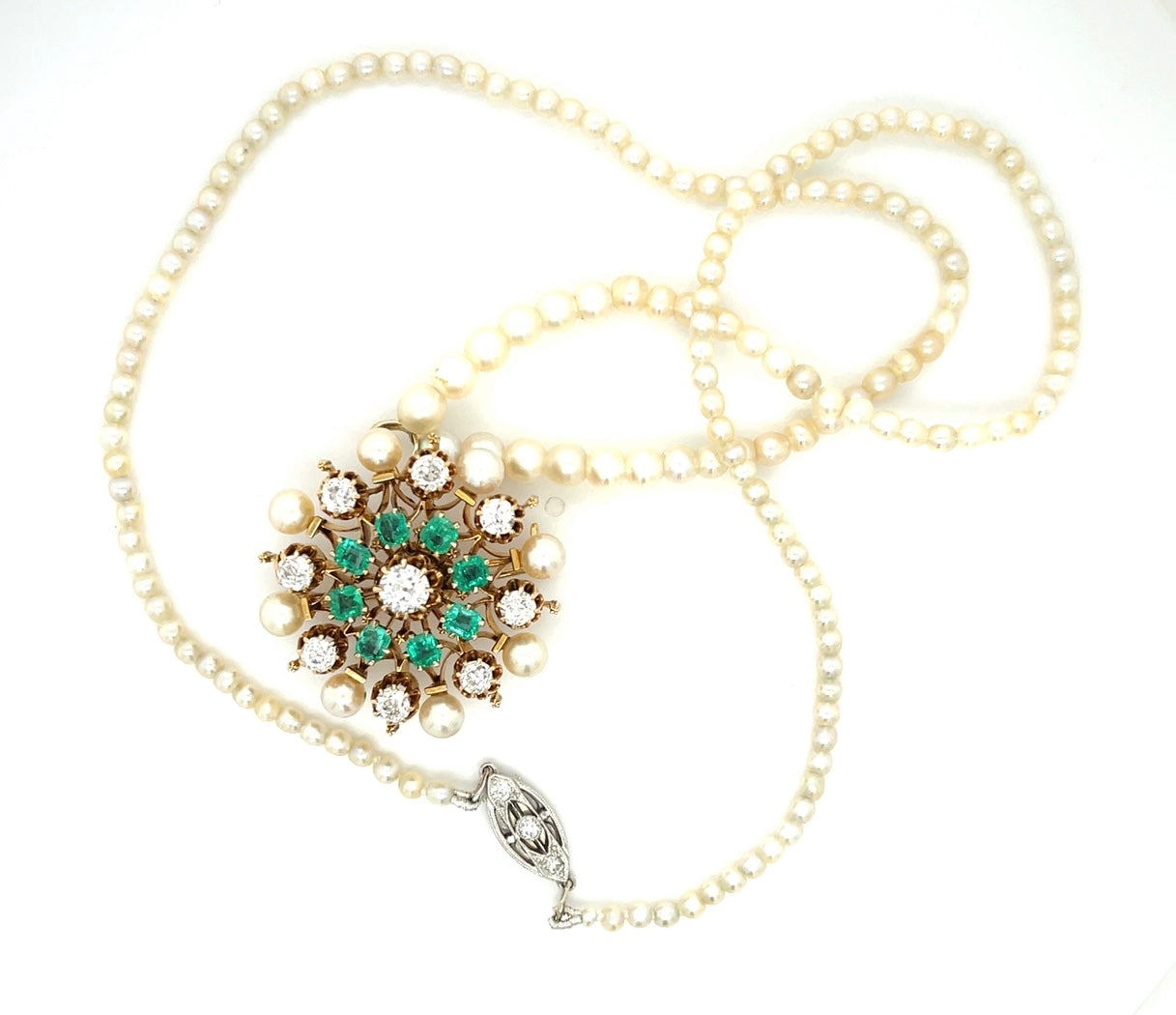 Victorian (Circa 1880s) 1.50ct Old European Cut Diamonds 1ct Emeralds & Natural Pearl 14KY Antique Pendant/Necklace