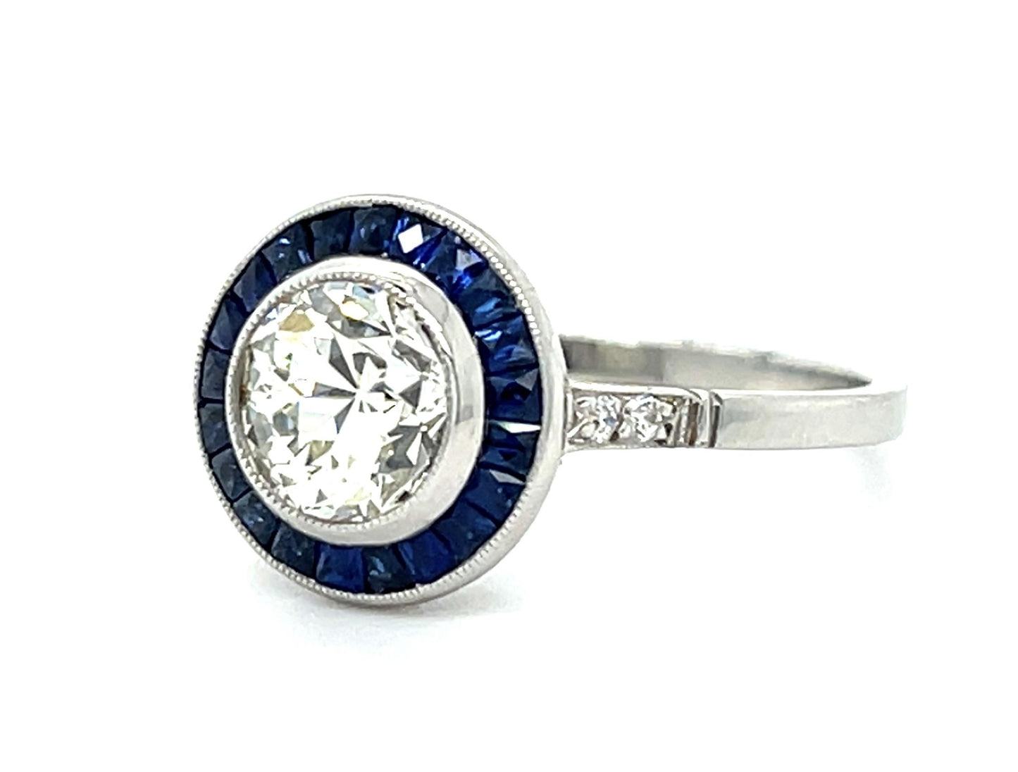 1.42ct Old European Diamond .86ct Sapphire Platinum Handmade Ring 4.30g