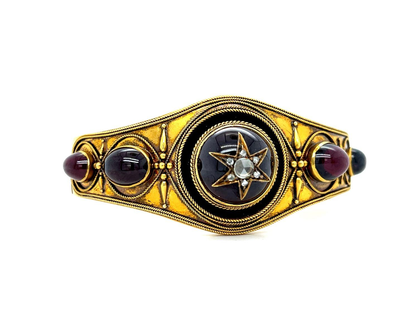 Victorian 27ct Carbuncle Garnet 14KY Antique Bangle Bracelet (c 1860s) .30ct Dia