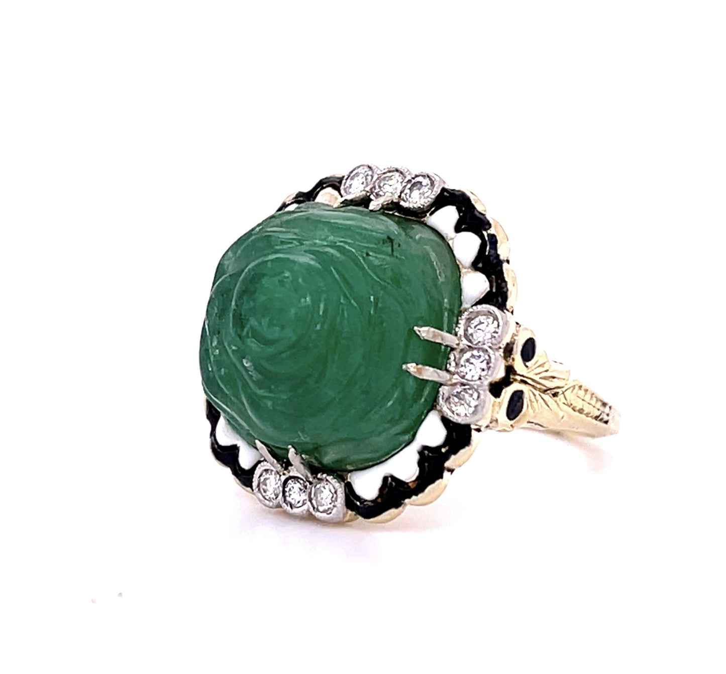 Art Deco 15ct Carved Emerald Vintage 14KY Ring (c 1930s) .50ct Diamonds 6 Size