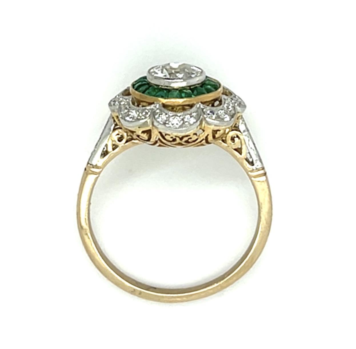 .65ct Old European Diamond .40ct Emerald 18KY+PT Handmade Ring .30ct Dia 4.10g