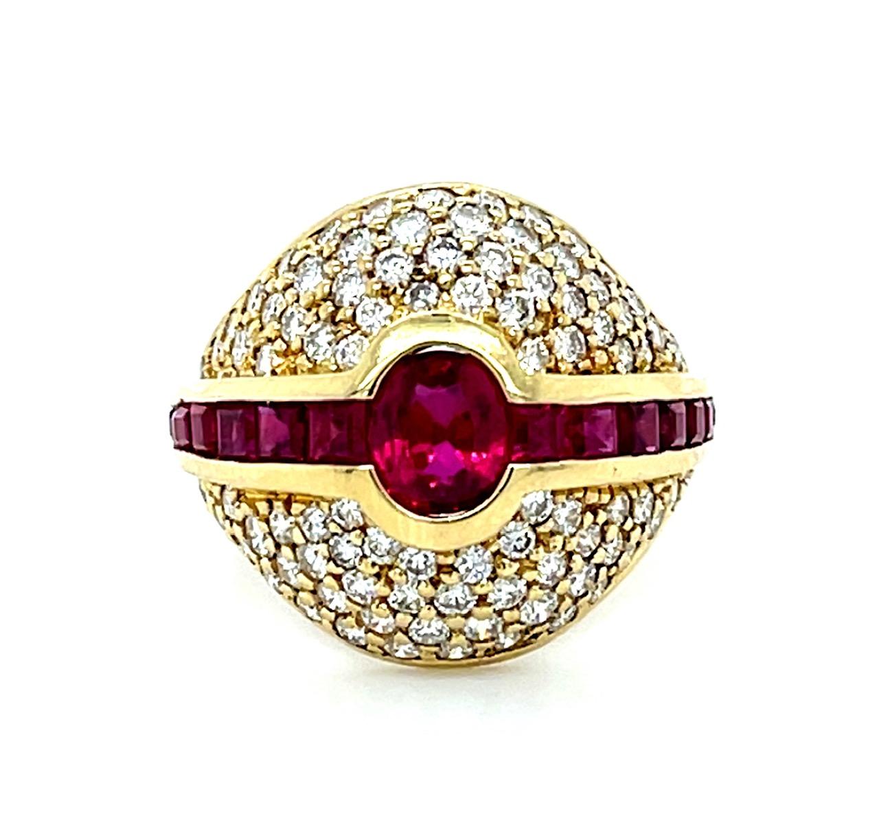 .79ct Center No Heat Ruby 1ct Diamond 1.50ct Side Ruby 14KY Ring (Vintage 1960s)