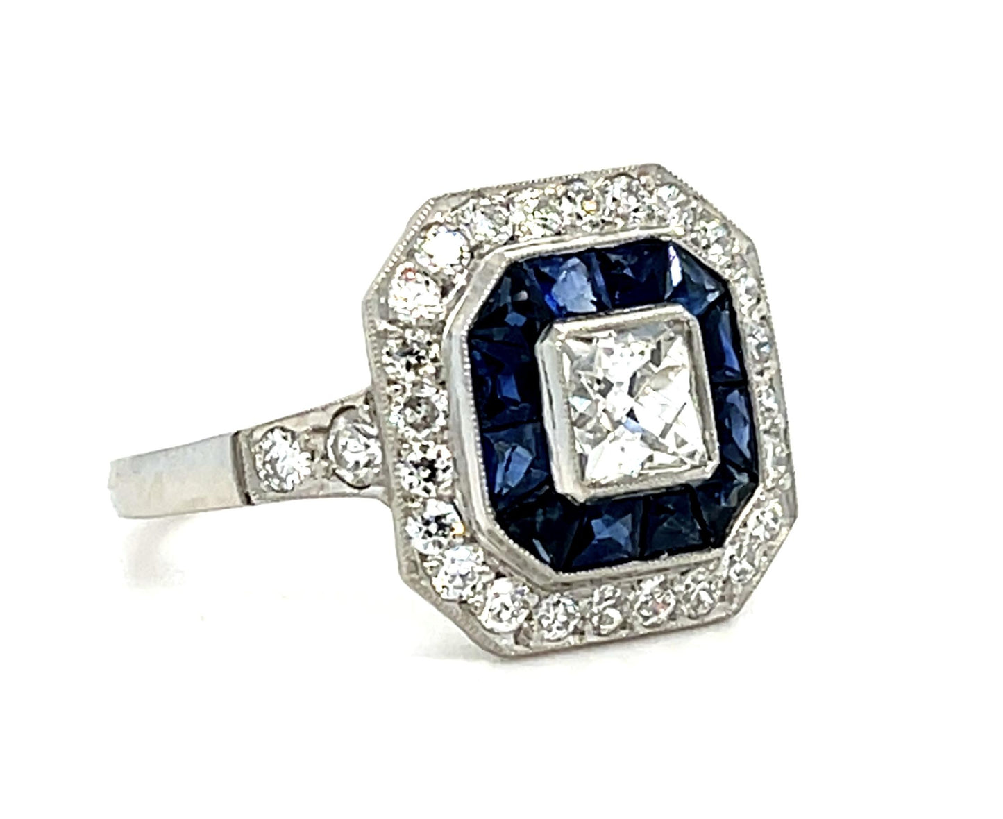 .56ct Square French Cut Diamond 1.28ct Sapphire .53ct SD Platinum Ring 4.73g 6.5