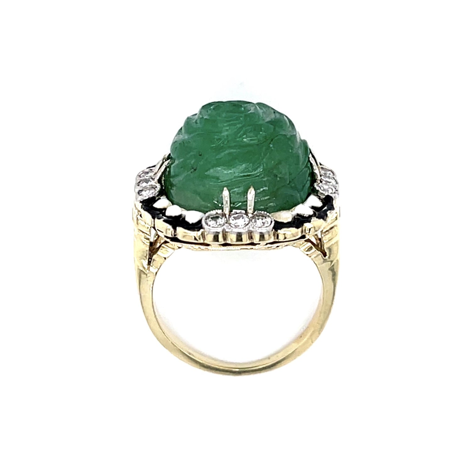 Art Deco 15ct Carved Emerald Vintage 14KY Ring (c 1930s) .50ct Diamonds 6 Size