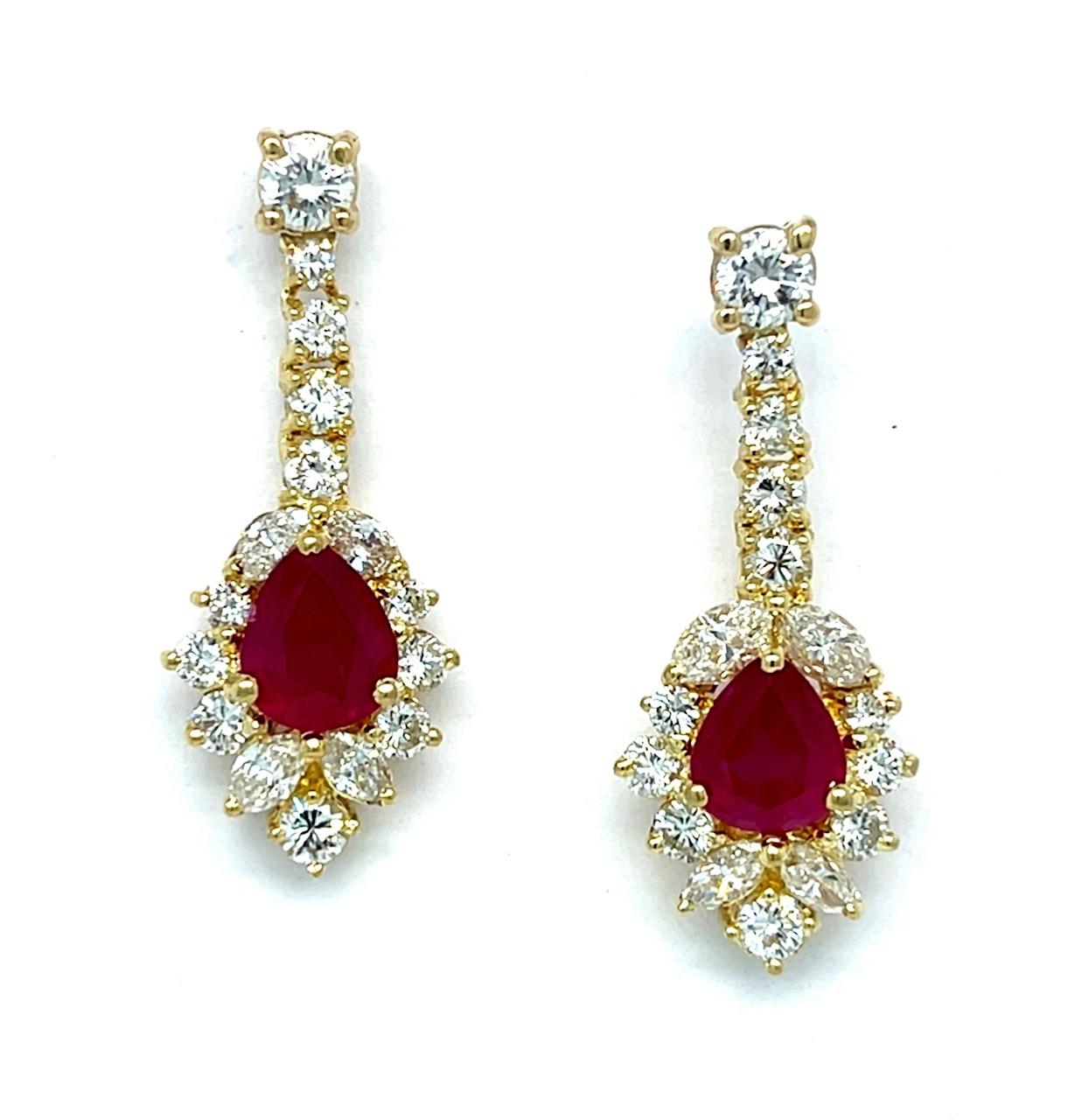 2.50ct Burma Ruby Heated .50ct Center Diamonds 2.70ct SD 18K Drop Earrings