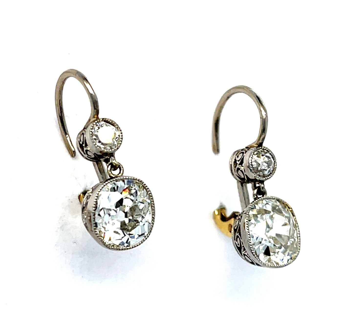2.95ct Old Mine Cushion Diamonds .30ct SD Platinum+18KY Dangle Earrings 4.13g