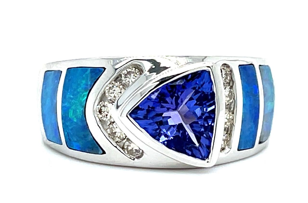 1.40ct Trillion Tanzanite Inlaid Opal .26ct Diamond 14KW Ring 12.38g 6.50 Size