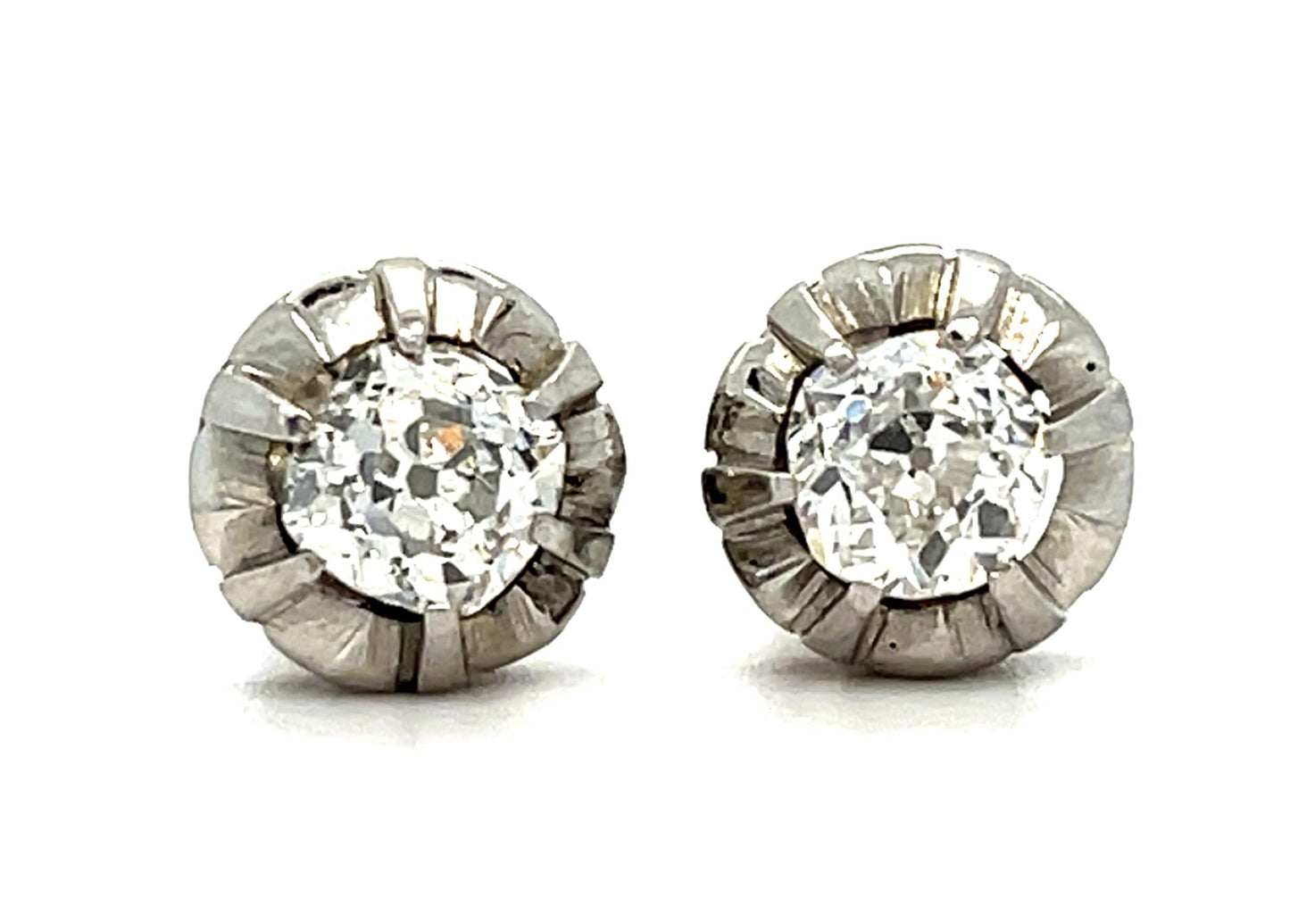 1ct Old Mine Cut Diamond Platinum Stud Earrings 3.20g