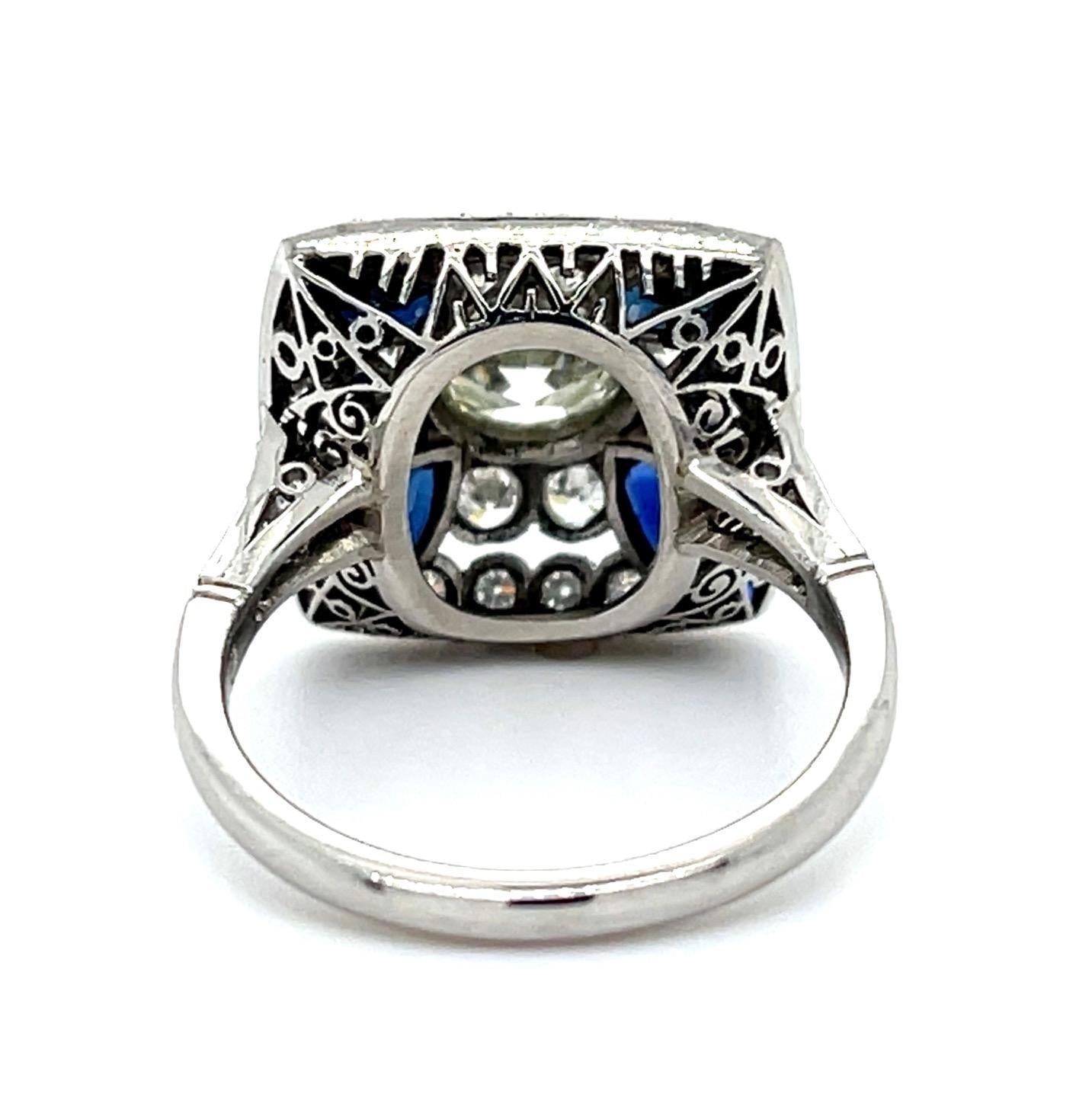 .97ct Old European Diamond 1ct Sapphire Platinum Handmade Ring 1ct SD 6.80g