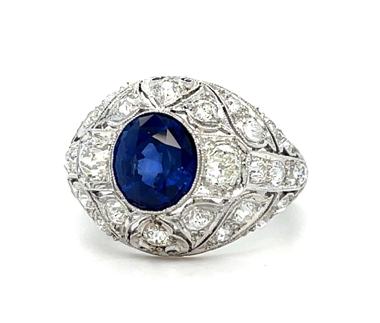 Estate 2.14ct Sapphire & 2.10ctw Diamond PT Art Deco Ring Circa 1920s