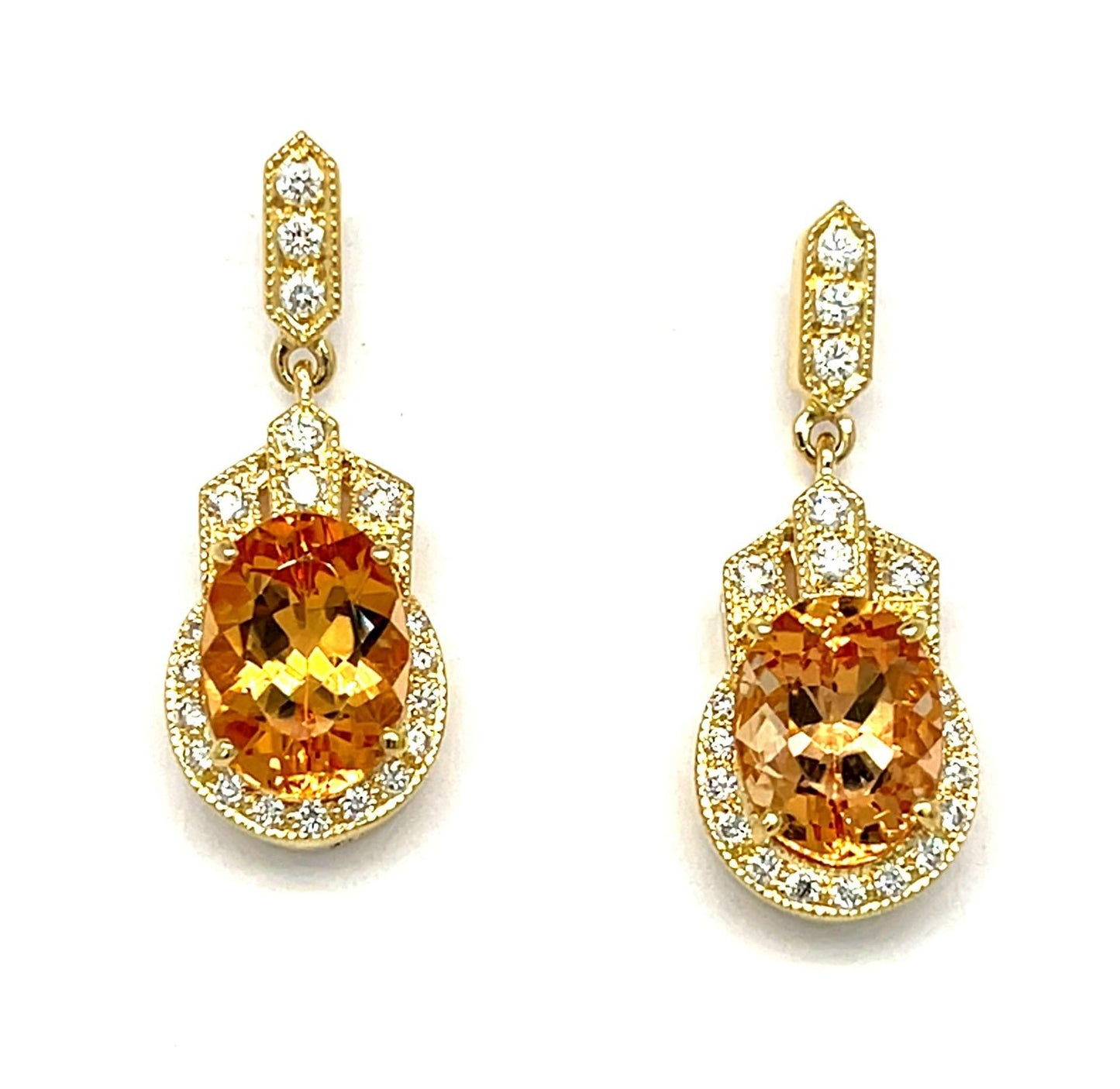 4.15ct Imperial Topaz .35ct Diamond 18KY Drop Earrings 5.60g 1" Length