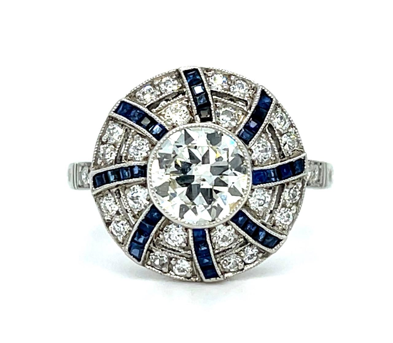 1.01ct Round Brilliant Diamond 1.20ct Sapphires Platinum Handmade Ring .72ct SD
