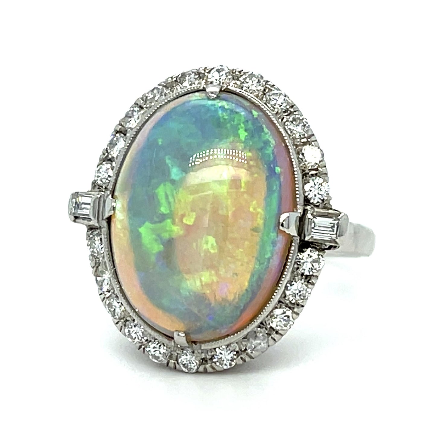Original 5.50ct Australian Crystal Opal .80ct Diamond Platinum Ring (1950s)