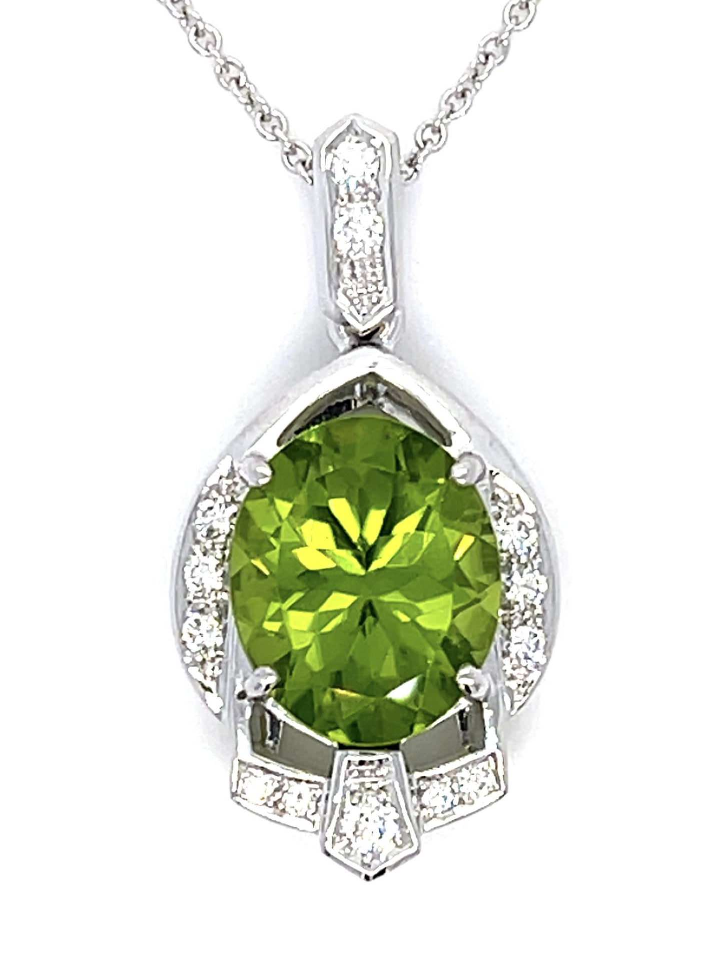 4.93ct Peridot .22ct Diamond 18KW Pendant 6.90g 14KY Chain 18"