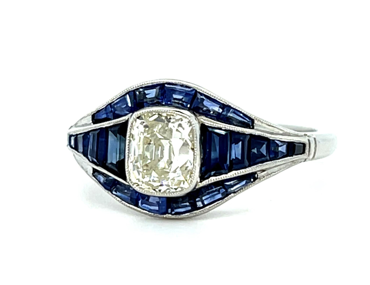 .86ct Old Cushion Diamond 1.76ct Sapphire Platinum Handmade Ring 5.26g 6.75 Size