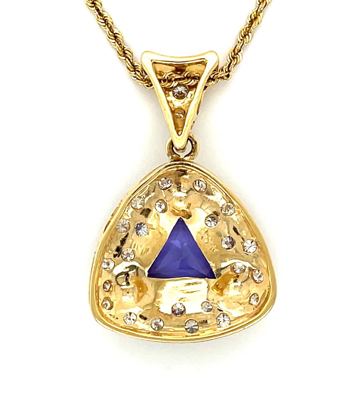 3.50ct Trillion Tanzanite 1ct Diamond 18KY Pendant 11g 14KY Chain