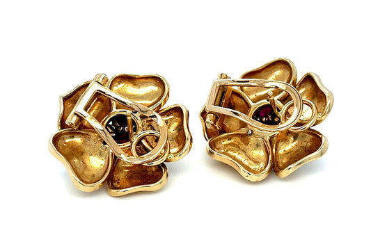 Original Retro 2.50ct Ruby .10ct Diamond 14KY Flower Earrings (1940s)