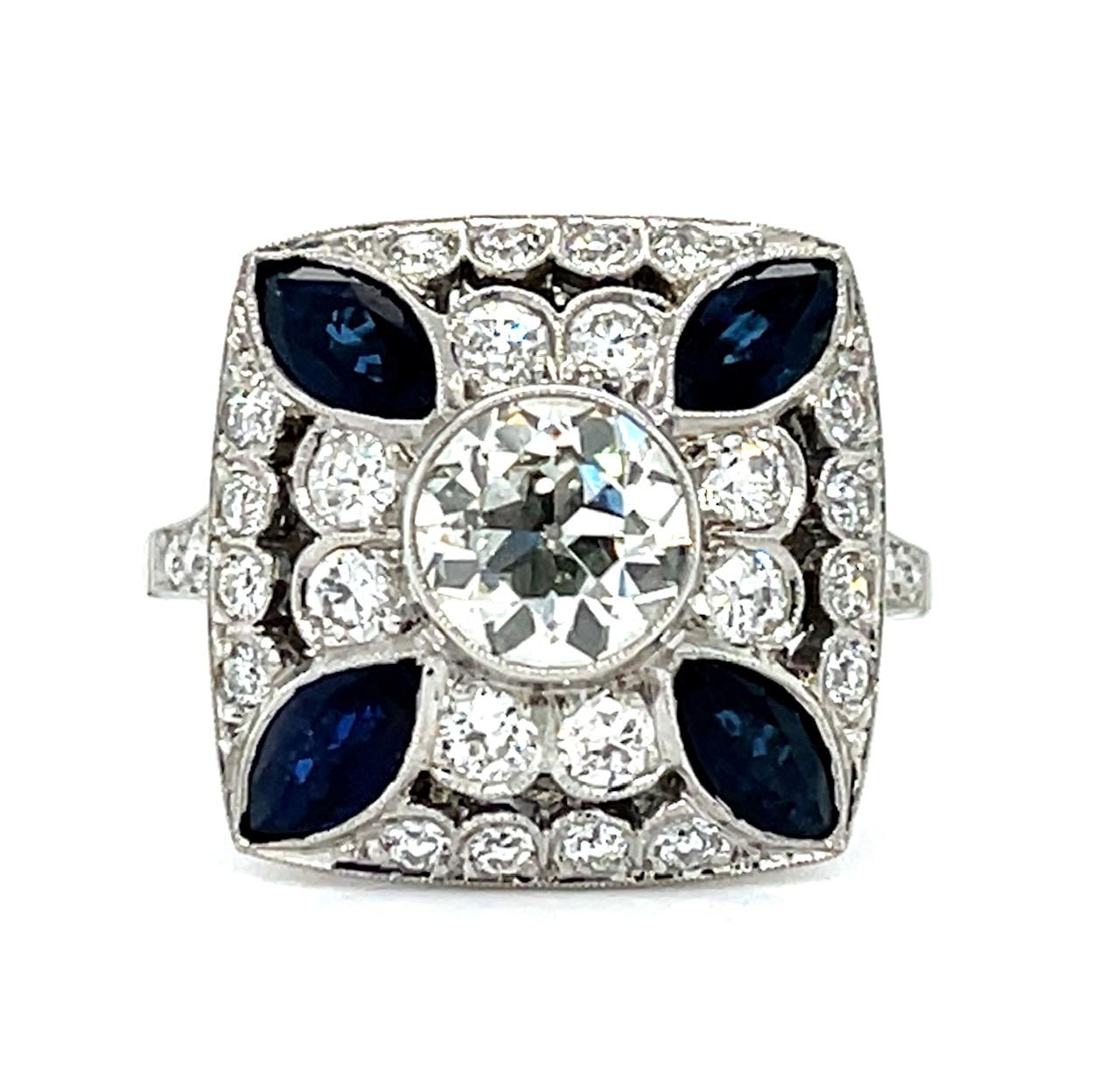.97ct Old European Diamond 1ct Sapphire Platinum Handmade Ring 1ct SD 6.80g