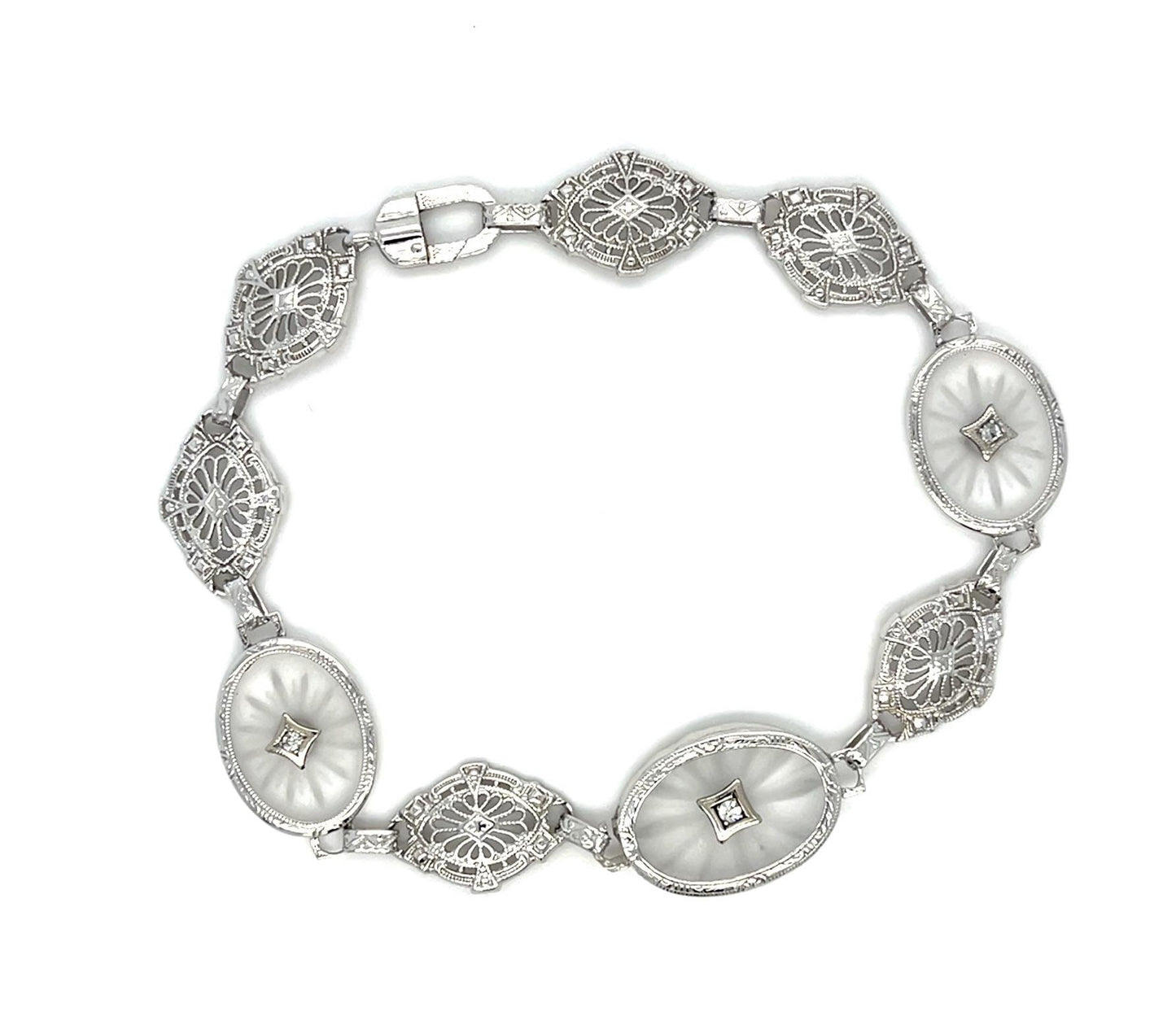 Original Art Deco Quartz .10ct Diamond 14KW Bracelet 9.20g 7.75"