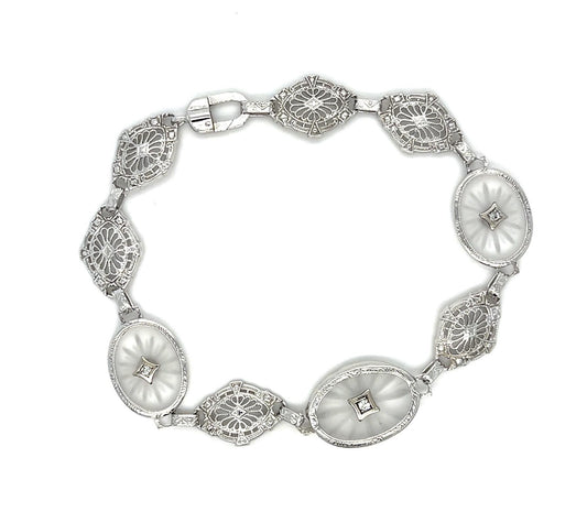 Original Art Deco Quartz .10ct Diamond 14KW Bracelet 9.10g 7.75"