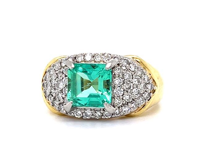 1.78ct Emerald PT+18KY Ring (Estate 1970s) .87ct Diamond Engraved Weights 11.50g