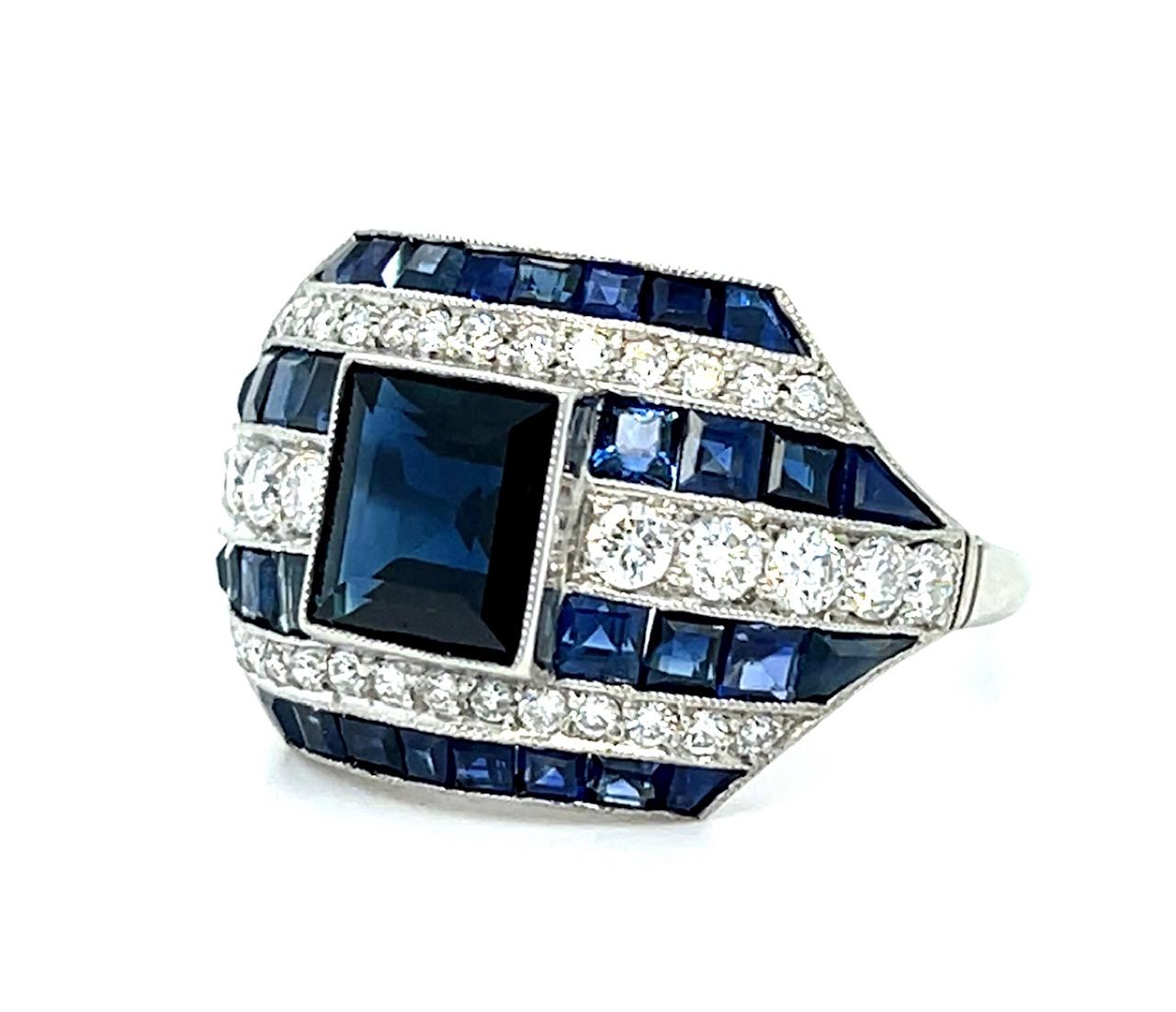 1.75ct Sapphire .85ct Diamond Platinum Handmade Ring 3.30ct Side Sapphires 5.77g